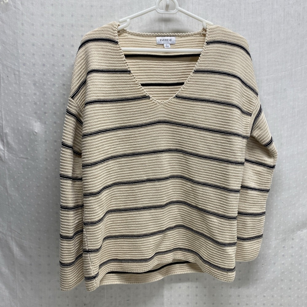 Evereve Cotton Sweater Striped Sea Salt Sz L‎ Nautical Beach Boho Classic